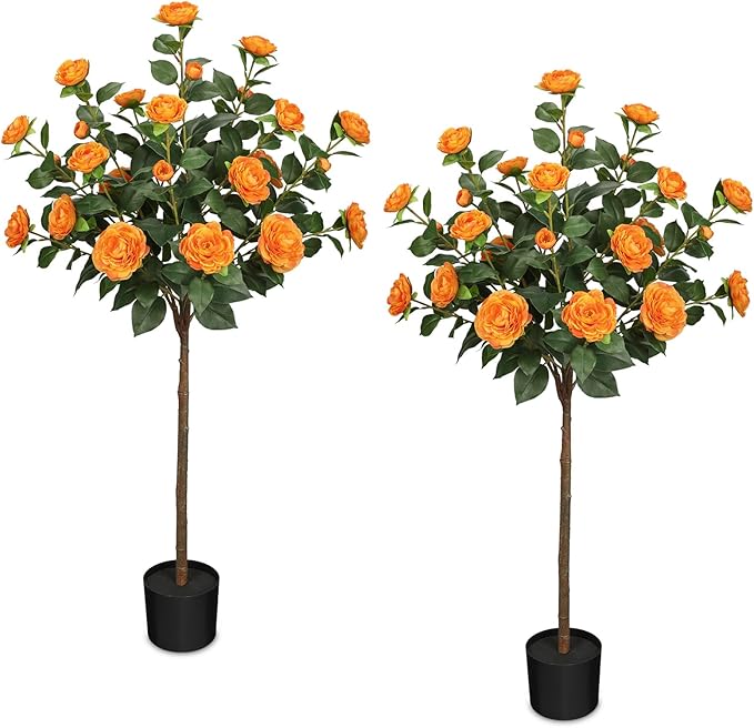 4ft Artificial Camellia Tree Fake Camellia Plant with Orange Flowers Faux Floral Plant Blooming Tree in Black Pot for Indoor Outdoor Office Home Front Door Porch Decor (2 Pack - Orange)