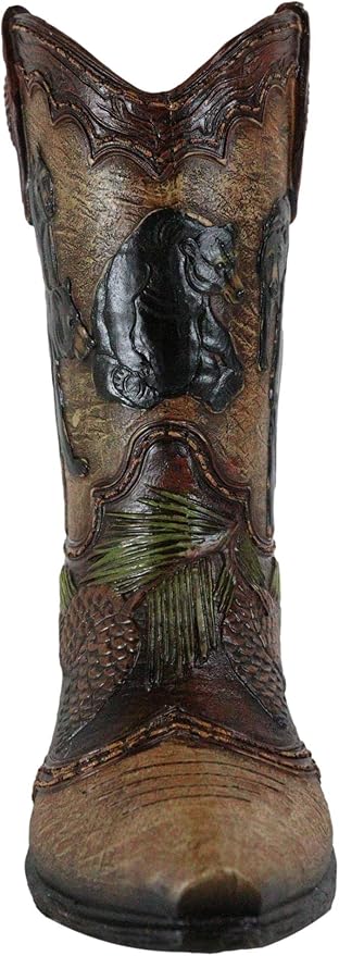 Ebros Gift Rustic Western Black Bear Family with Pine Cones Forest Cowboy Cowgirl Boot Decorative Figurine Or Floral Vase Planter Tooled Leather Finish Table Shelf Countertop Accent