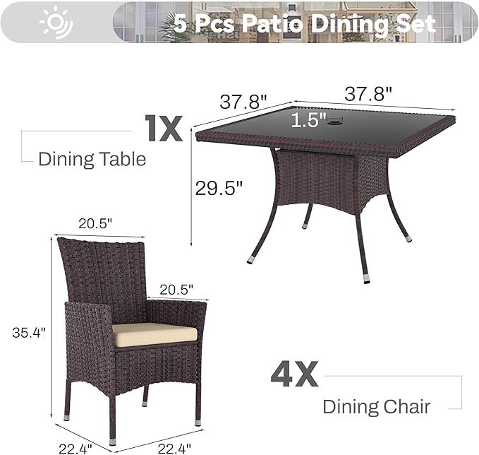5 Piece Outdoor Dining Set,Rattan Patio Conversation Set of 4 Chairs,Patio Dining Table and Chairs w/Cushions,Square Glass Tabletop,Umbrella Cutout for Patio,Sand