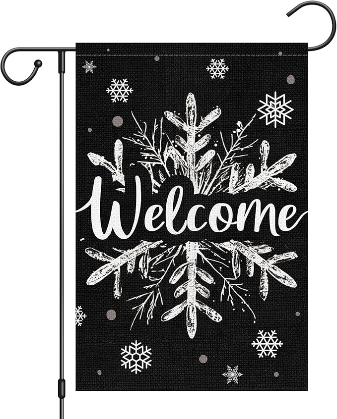 Heyfibro Christmas Garden Flag Welcome Winter Garden Flags 12x18 Inch Double Sided Burlap Snowflake Yard Flag for Winter Holiday Xmas Yard Outdoor Decoration(ONLY FLAG)