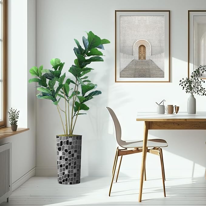 Artificial Tree in Modern Geometric Pattern Planter, Fake Ficus Lyrata Silk Tree for Indoor and Outdoor Home Decoration - 66" Overall Tall (Plant Pot Plus Tree)