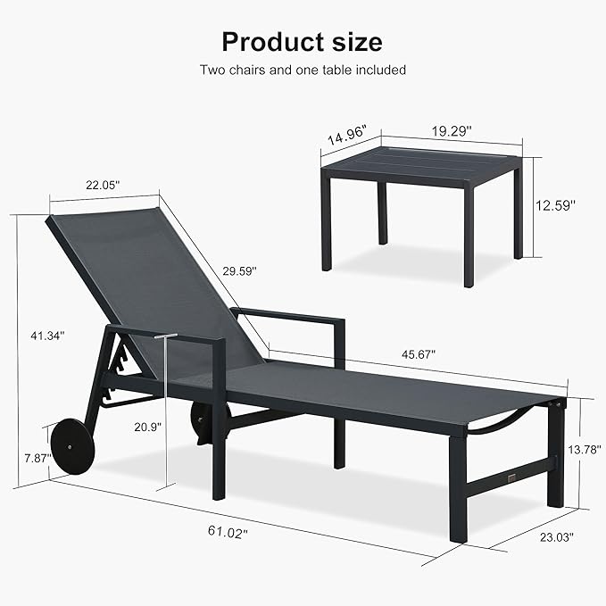 PURPLE LEAF Outdoor Chaise Lounge Set for 2 Aluminum Patio Chaise Lounger Chair with Armrest Adjustable Pool Chaise Lounge Chair for Beach Yard Poolside Table Included, Dark Grey