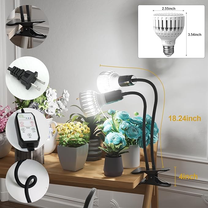 GooingTop Grow Light,24W (160Watts Equiv) 5000K White Full Spectrum LED Growing Lamp Clip on Desk for Indoor Plants,Bulbs Replaceable & Non-dimmable