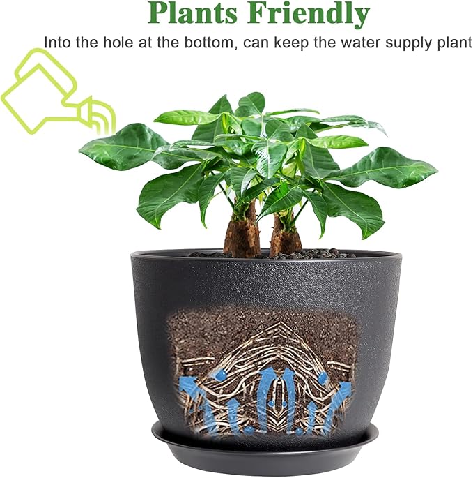 UOUZ 12inch Large Plant Pot, Modern Plastic Planter with High Driange Holes and Saucer for Indoor Outdoor Garden Plants and Flowers, Black