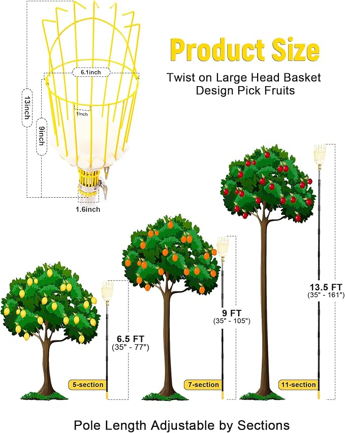 6.5FT Fruit Picker with Basket, Apple Picking Tool 35–77 Inch Adjustable Pole, Long-Handle Mango Grabber, Tree Fruit Catcher for Harvesting Lemon Pear Orange Avocado Peach Citrus Grapefruit