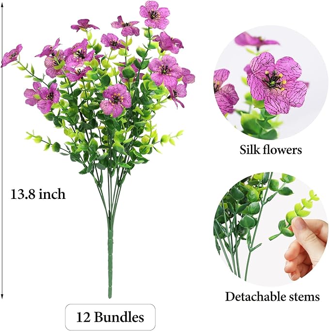 ATTGREAT Artificial Flowers Outdoor Faux Plants UV Resistant Fake Patio Flowers Plastic Greenery Plnats Outside Bulk for Spring Garden Hanging Planter Home Vase Decor, 12 Bundles (Purple)