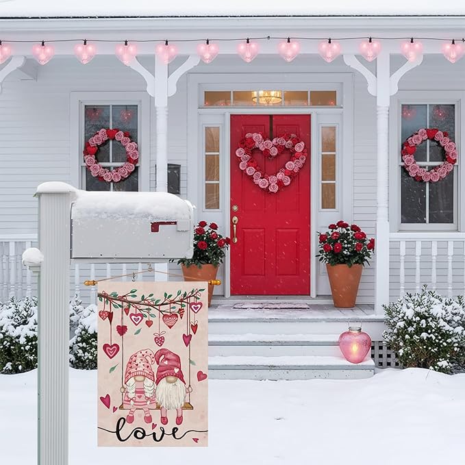 Valentine’s Day Romantic Swing Gnome Love Hearts Garden Flag Yard Flag 12x18 Inch Double Sided Small Mini Yard Outdoor Outside Holiday Decoration