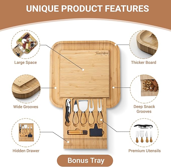 Pulse Bamboo Charcuterie Board Set – Premium Bamboo Cheese Board with Slide-Out Knife Drawer – Complete Hosting Set for Wine Nights & Parties – Perfect Housewarming Gift and Wedding Gift for Couples