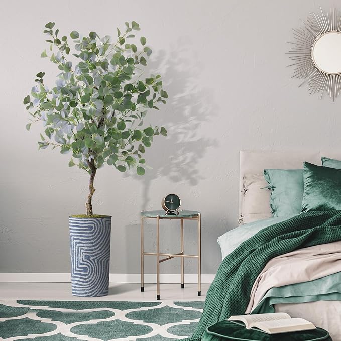 Artificial Tree in Contemporary Geometric Pattern Planter, Fake Eucalyptus Silk Tree for Indoor and Outdoor Home Decoration - 66" Overall Tall (Plant Pot Plus Tree)
