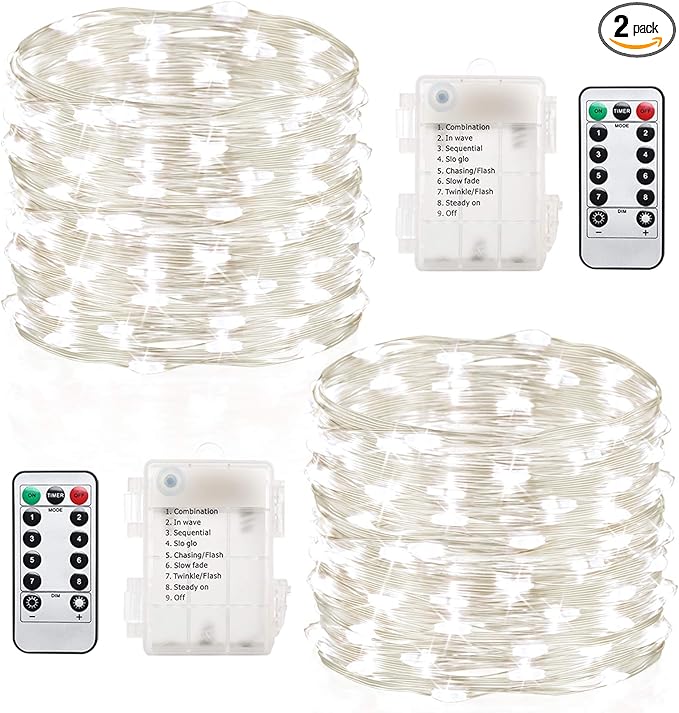 GDEALER 2 Pack Fairy Lights 20 Ft 60 Led Battery Operated Twinkle Lights with Remote Waterproof Twinkle Lights 8 Modes Fairy String Lights for Party Bedroom Wedding Decorations-White