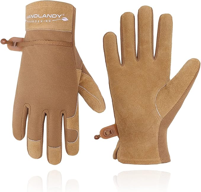 HANDLANDY Work Gloves for Women, Breathable Leather Gardening Glove for Yard Maintenance, Hand Protection with Touch Screen for Gardeners, Farmers