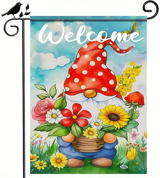 Easter Garden Flag 12x18 Inch Double Sided Cute Gnome Garden Flags Spring Gnome and Flowers Theme Yard Flag Polyester Yard Decoration for Outdoor Lawn and Patio
