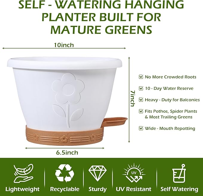 gegemaoyi 3 Pack Hanging Baskets Set, Hanging Planters for Indoor & Outdoor Plants, Self-Watering Hanging Pots with Removable Tray&Drainage Holes, Flower Pots for Home Garden Decor 10 Inch (White)