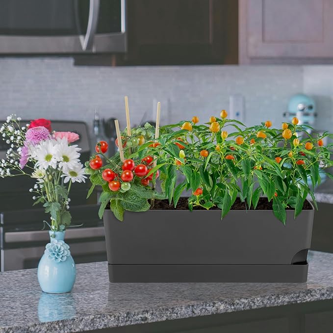 4 Pack Self Watering Pots for Indoor Plants 17 Inches Window Boxes Planters Rectangular Flower Pots Rectangle Herb Pots Large Plant Pots with Drainage Holes and Saucers Windowsill Planter, Grey