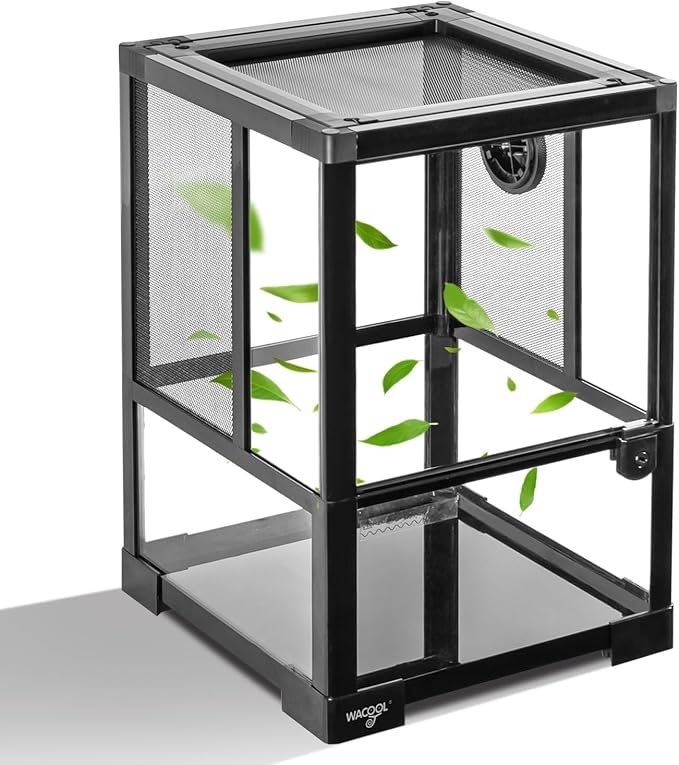 WACOOL TERRA Vertical Habitat Tank 10 Gallon for Tree Dwelling Reptiles and Amphibians, 360°Full Vision Glass Reptile Terrarium 12" x 12" x 18" with Double Side Mesh Panels