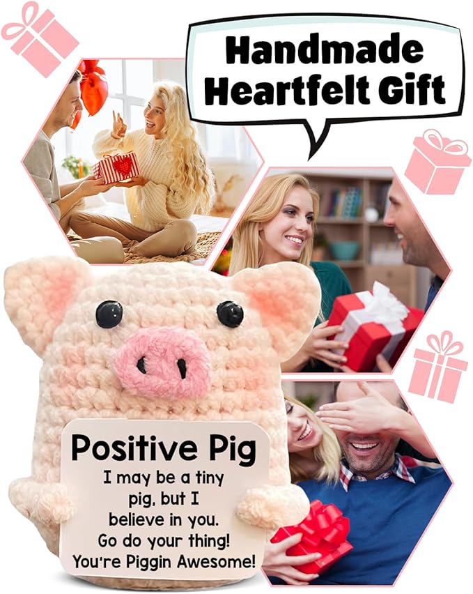 WEZADUK Funny Positive Crochet Pig Gifts for Women Friends, Pink Handmade Emotional Support Plush Pig Decor, Cute Mothers Day Birthday Gifts