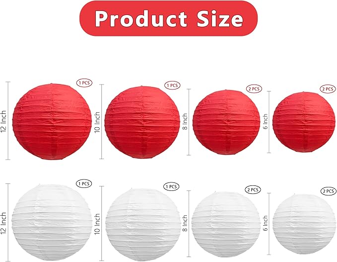 BEISHIDA Red White Round Paper Lanterns Decorative Hanging Asia Chinese Japanese Paper Lanterns Lamp for Birthday Graduation Baby Shower Wedding Home Decor Outdoor Party Decoration(12Packs)