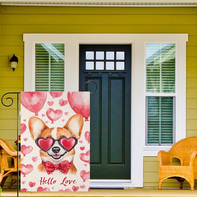 Valentine's Day Corgi Hello Love Garden Flag, House Yard Plaid Love Heart Outside Decoration, Spring Holiday Wedding Anniversary Outdoor Small Decor 12x18(12644)