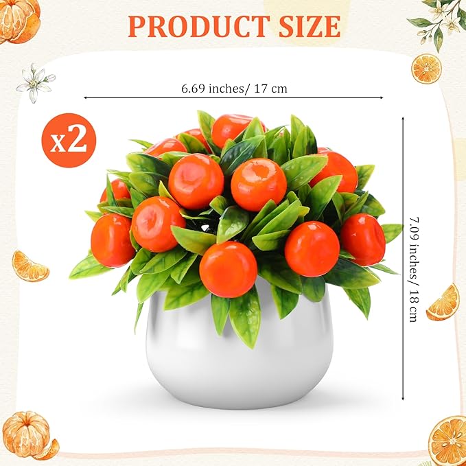 2 Pack Artificial Orange Potted Plants 7.09 Inches Fake Orange Tree Simulation Realistic Fruit Plant with Pot Faux Tree Indoor Decoration for Home Office Living Room Table Desk
