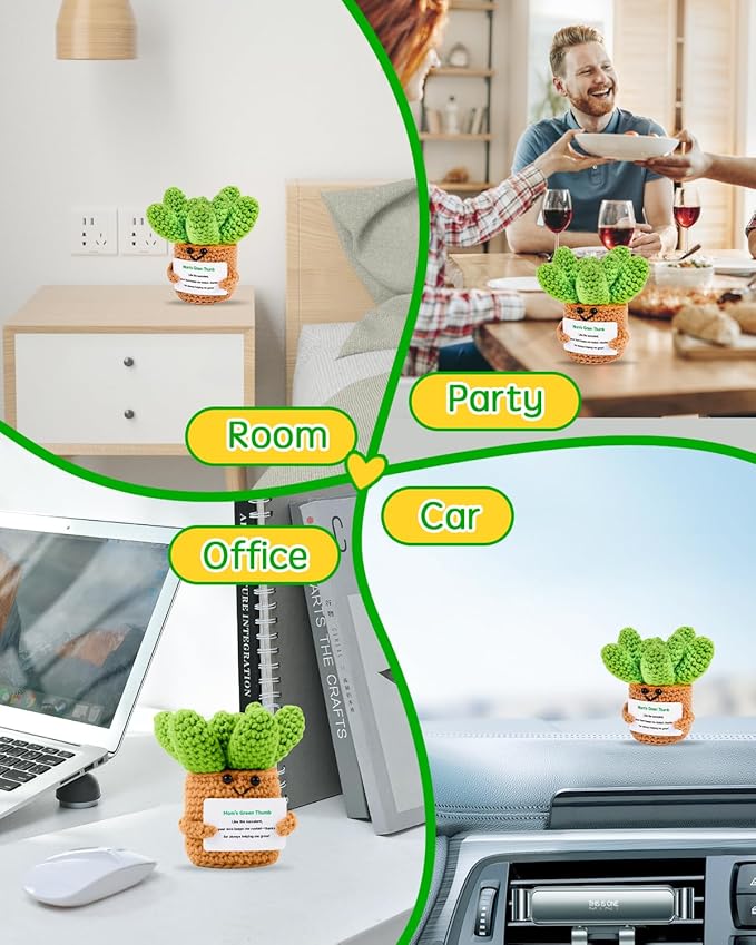 JELUTAR Gifts for Mom Crochet Positive Succulent, Mother's Day Birthday Gifts from Daughter Son for Mom Friends Wife Cute Funny Plant Decors (Mom's Green Thump)