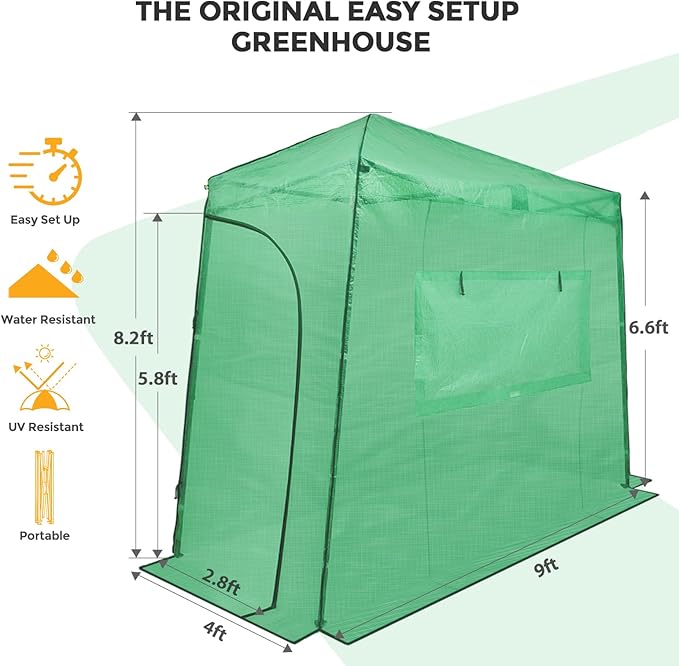 EAGLE PEAK Replacement Cover for 9x4 Portable Lean-to Greenhouse, 2 Roll-Up Zipper Entry Doors and 1 Large Roll-Up Side Window (Frame Not Included), Green