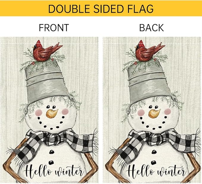 Snowman Cardinal Hello Winter Garden Flag 12x18 Inch Double Sided, Winter Holiday Yard Outdoor Flag