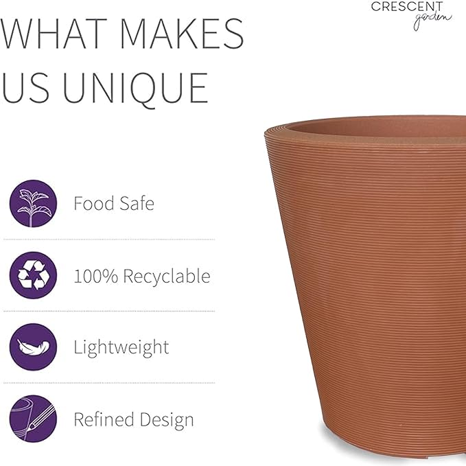 Crescent Garden Madison Planter– Weather-Resistant, Double Walled Indoor/Outdoor Plant Pot with Drain Hole – Durable All-Season Plastic Flower Container, 14" W (Terracotta-Colored)