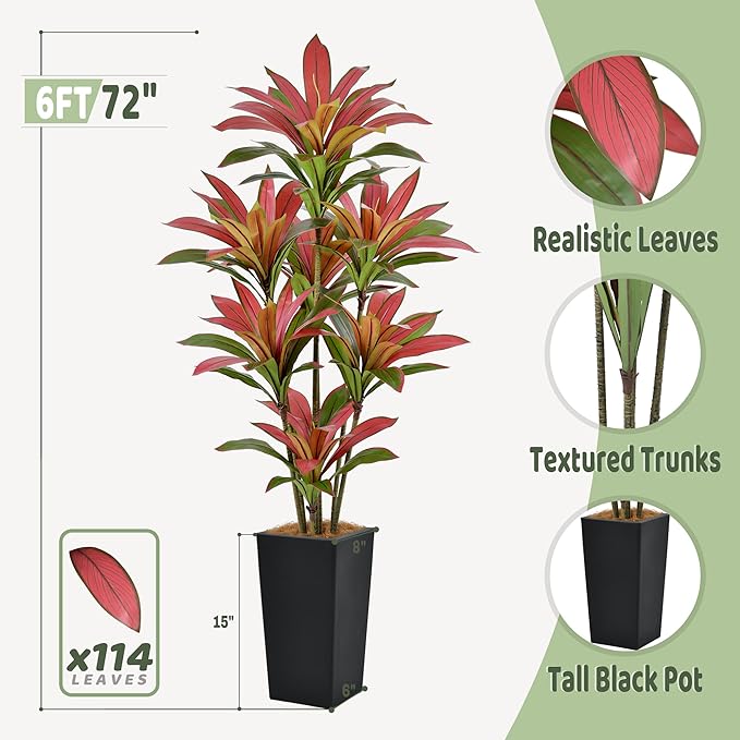 Roselywed Artificial Red Dracaena Tree 6FT with 114 Leaves & 7 Heads & Black Tall Planter Cover with Coconut Fiber Tall Faux Tropical Silk Bicolor Plant 72 Inch for Indoor Home Office Porch Mall Decor