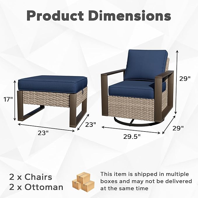 Joyside Outdoor Patio Swivel Rocker Chairs, 4 Pieces Wicker Furniture Set, 2 Swivel Rocking Chairs and 2 Ottoman, Metal Wide Armrest, Thick Cushions and Deep Seating for Garden, Backyard, Porch, Deck