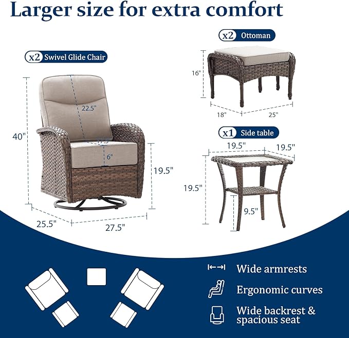 Outdoor Swivel Rocking Chair Patio Set (5-Piece), High-Back - Thick Cushion Swivel Rocking Chair Patio Set, All-Weather Wicker Patio Furniture Set, Suitable for Balcony Patios, Brown/Beige