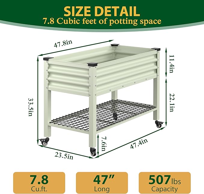 BlueWish 48"W x 24"D x 34"H Outdoor Galvanized Garden Bed, Elevate Raised Bedwith Detachable Black Liner, Rolling Casters, Storage Shelf, Movable Planter Boxes for Gardening, Vegetable, Flower, Beige
