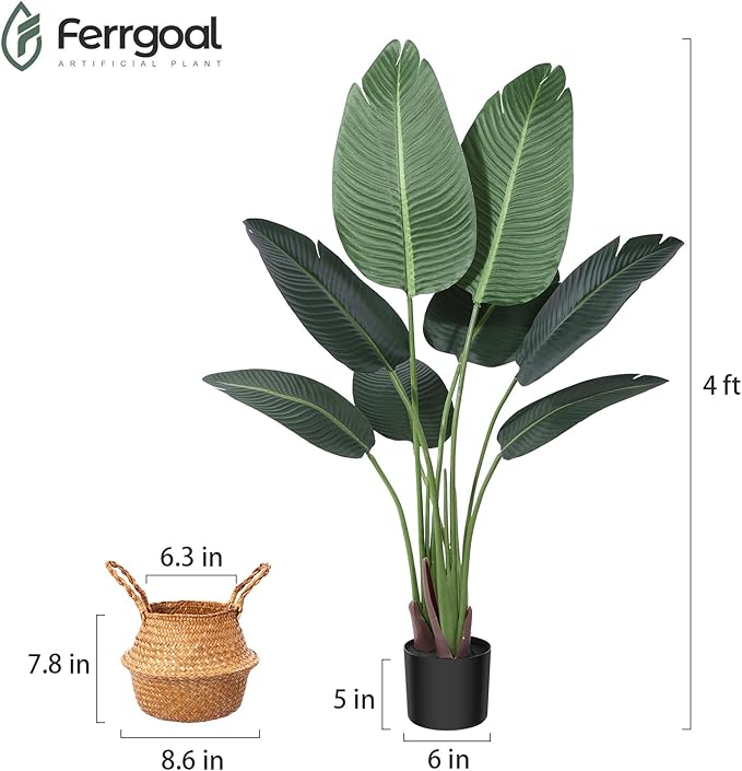 Artificial Bird of Paradise Plants 4 Ft Fake Tropical Tree with Woven Basket, Faux Banana Leaf Plant for Home Indoor Outdoor Office Modern Decor Green 2 Set