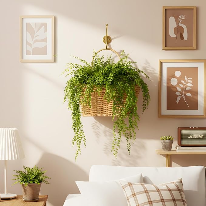 Hanging Wall Basket Handwoven Wicker Basket for Plants, Flowers & Storage, Rustic Farmhouse Wall Decor Organizer, Light Brown Plastic Rattan