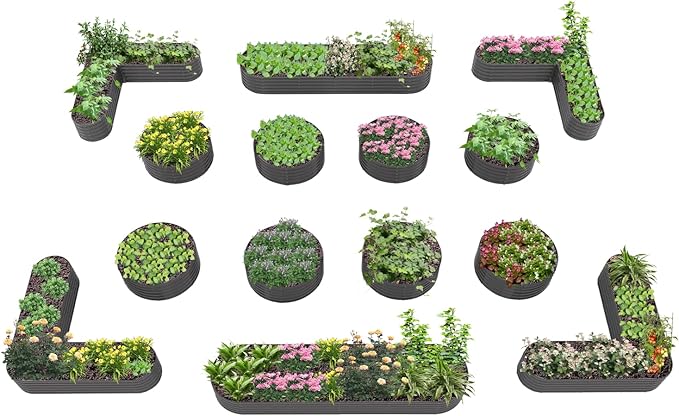 A ANLEOLIFE 14-Piece 18 Inch Tall Raised Garden Beds Kit, Heart-Shaped, Large Oval & Round Metal Planters – Ideal for Backyard Vegetables Flowers Herbs, Quartz Grey