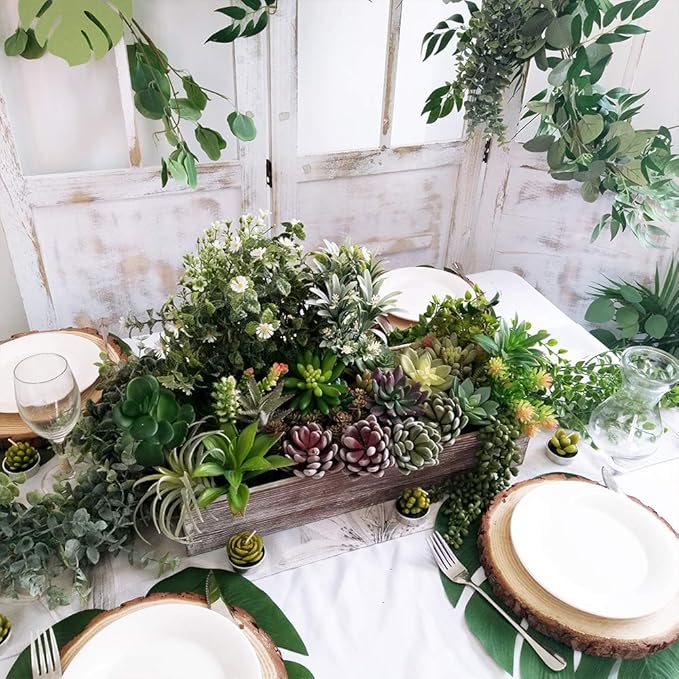 1 Pcs Wood Planter Box Rectangle Whitewashed Wooden Rectangular Planter Decorative Rustic Wooden Box with Inner Plastic Box - 17.3" L x 7.8" W x 3" H Floral Natural Centerpieces Rustic Wedding Decor