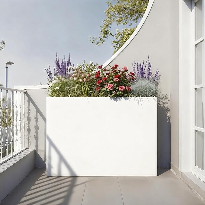 GZLVSOW Metal Rectangular Outdoor Planter Box 36" x 15" x 24" White Steel Long Planter Spliced Flower Box with Partitions for Outside,Indoor,Garden (White, 36 * 15 * 24)