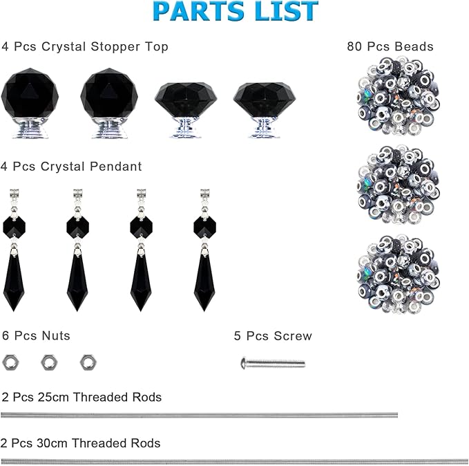 Exway 100 PCS DIY Fairy Wand Beaded Garden Stake Beads Kits with Black Large Hole Beads 4 Crystal Stopper Top Threaded Rods and 4 Black Sparkling Crystal Pendants for Outdoor Indoor Decor