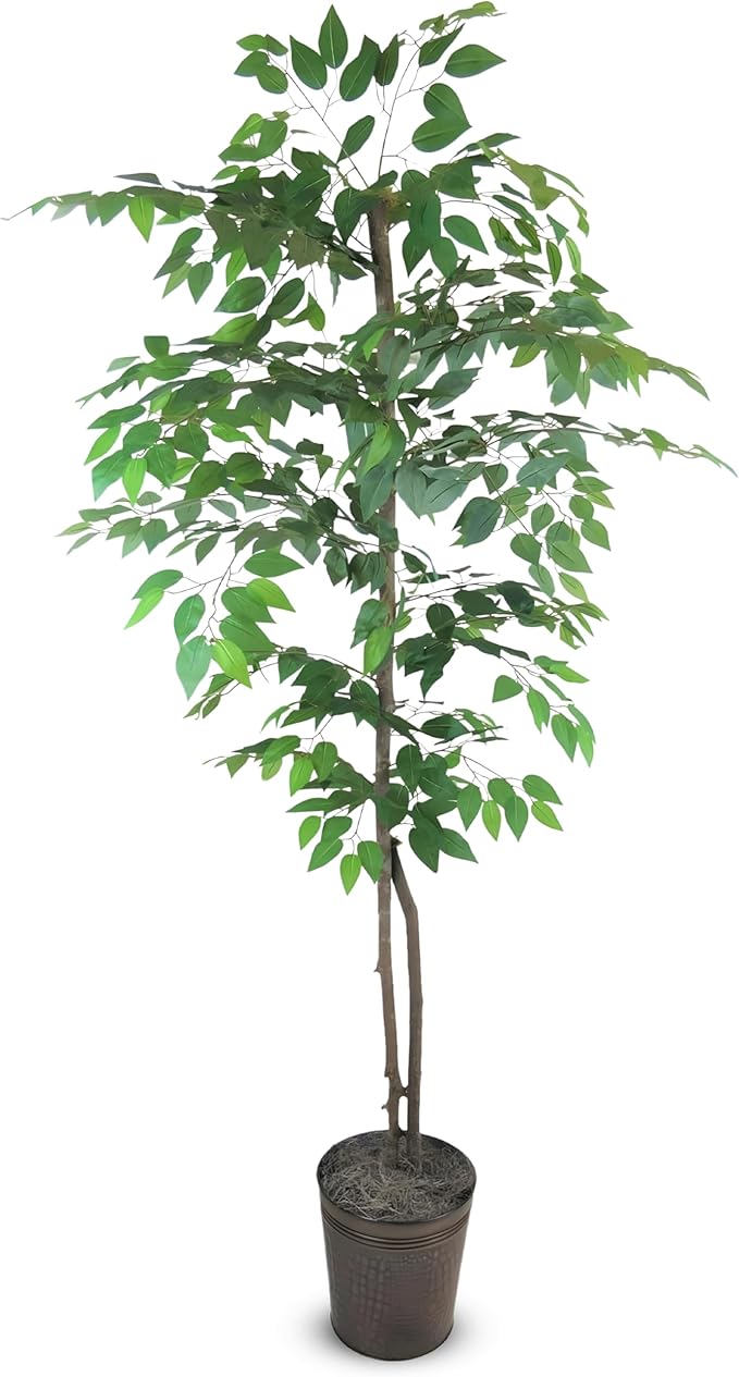 LCG Florals 6ft Artificial Ficus Tree in Copper Metal Pot with Real-Wood Trunk - Indoor and Outdoor Faux Plants for Patio, Living Rooms, Offices & Outdoor Spaces