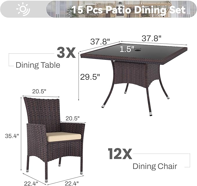 15 Piece Outdoor Dining Set,Rattan Patio Conversation Set of 12 Chairs,Patio Dining Table and Chairs w/Cushions,Square Glass Tabletop,Umbrella Cutout for Patio,Sand