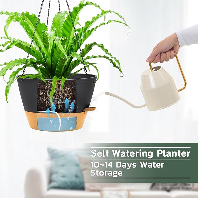 ZMTECH 12 Inch Hanging Planters for Indoor, Large Hanging Plant Pot with Visible Water Level and Chain, Self Watering Hanging Flower Pot for Outdoor Garden Porch(Dark Gray)
