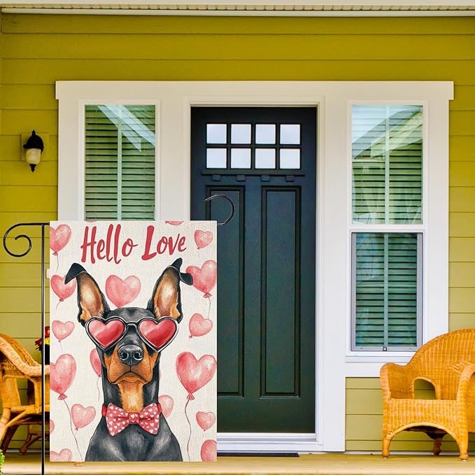 Valentine's Day Doberman Hello Love Garden Flag, House Yard Plaid Love Heart Outside Decoration, Spring Holiday Wedding Anniversary Outdoor Small Decor 12x18(12647)
