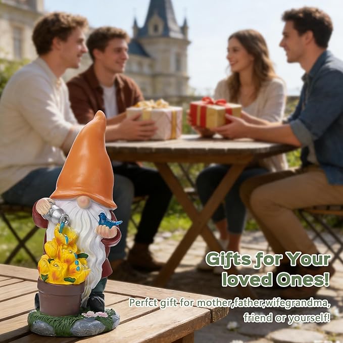Solar Gnome Statue Outdoor Decor,Gnome Figurines with Flower LED Light for Garden Decorations for Patio Lawn Balcony Fairy Gardens,Housewarming Gifts for Women Mom