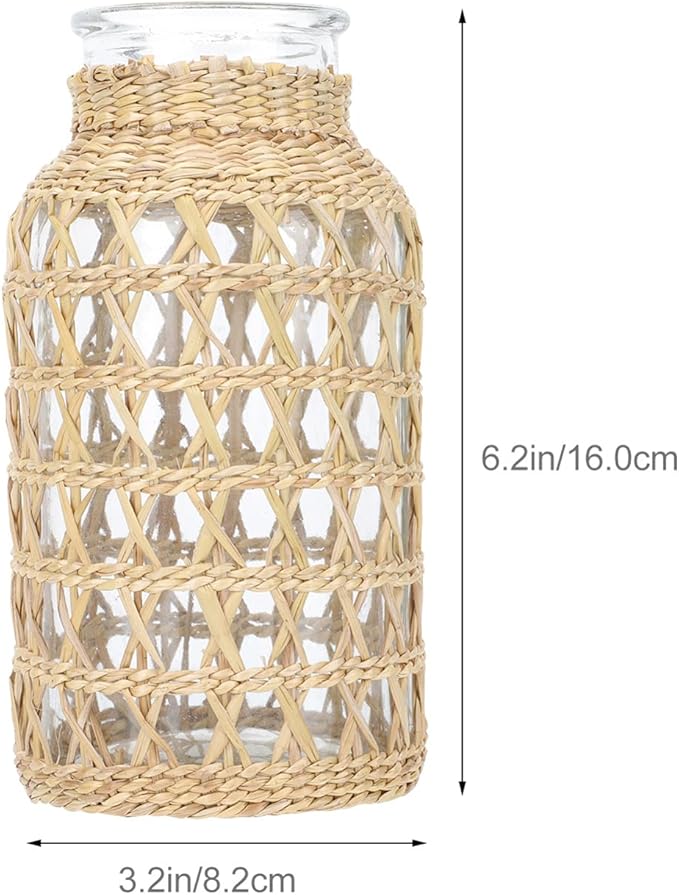 Cabilock Small Clear Flower Vase with Rattan Woven Cover Flower Bud Container for Farmhouse Floral Arrangements Housewarming Party Decorations (3.2x3.2x6.2 inch)