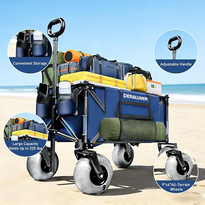 Beach Cart with Big Wheels for Sand, 35"L Heavy Duty Folding Beach Wagon with 9×4" Balloon Tires, All Terrain Utility Cart for Garden, Sports, Camping, Outdoor (Sand Rover X800-BS,Navy Blue)