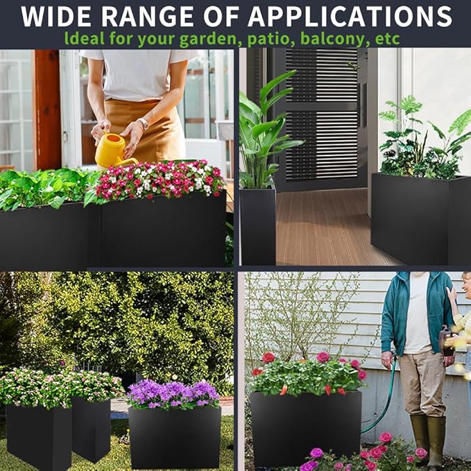 Megawodar Metal Tall Long Planter Box Large Rectangular Planter Flower Pot with Drainage Holes for Indoor Outdoor Deck Porch Garden Home Patio Front Door (Black, M)