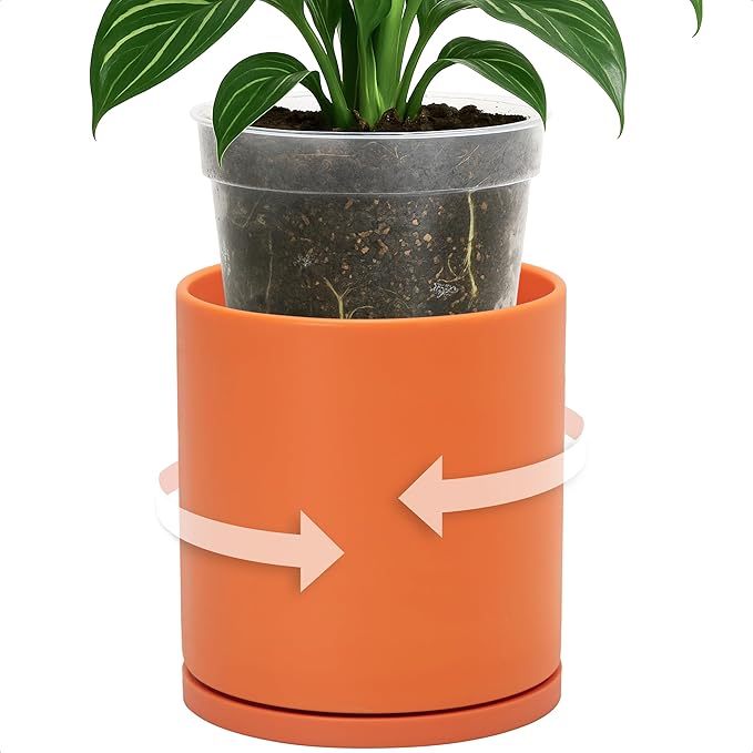 D'vine Dev Double-Layer Planter Set – Rotating Plastic Cachepot with Clear Inner Liner for Root Health, Perfect for Indoor Plants, 6.5", Pumpkin, 73-U-E-2