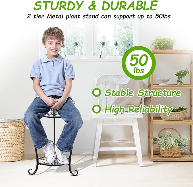 YENGOTH Potted Plant Stand 2 Tier Metal Flower Pot Stand Anti-Rust Heavy Duty Plant Holder Shelf for Home Indoor Outdoor