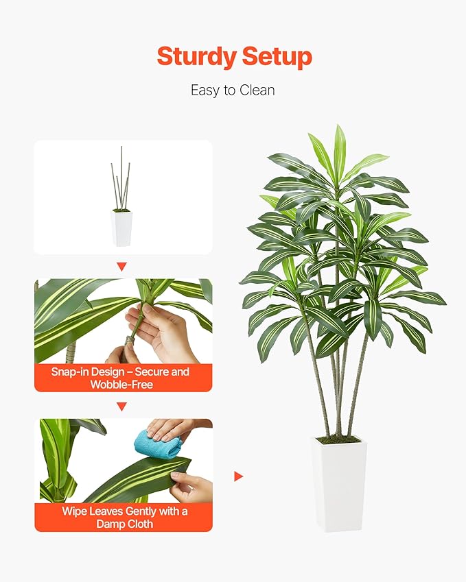 VEVOR Artificial Dracaena Tree 6 ft, Fake Palm Tropical Plants with White Tall Planter, Faux Floor Silk Plant in Pot, Large Trees for Home Office Living Room Decor House Warming, Indoor Outdoor