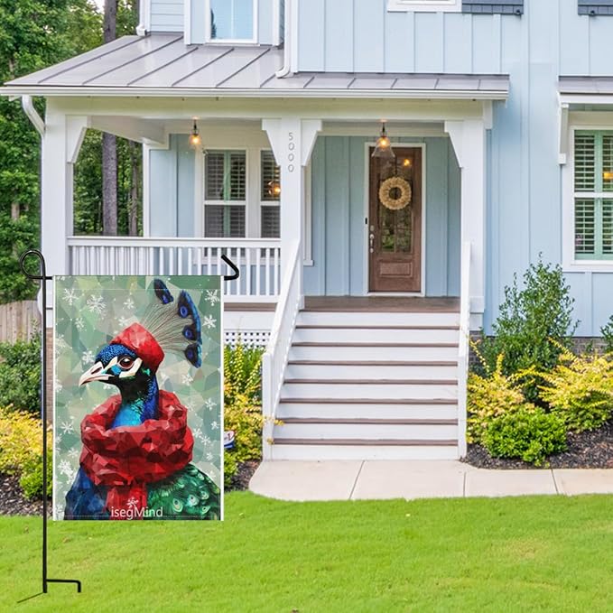 Peacock with Red Scarf and Hat Snowflake Christmas Garden Flag, 28x40 Inch Double Sided Linen Holiday Red Winter Farmhouse Yard Outdoor Decoration (4343)