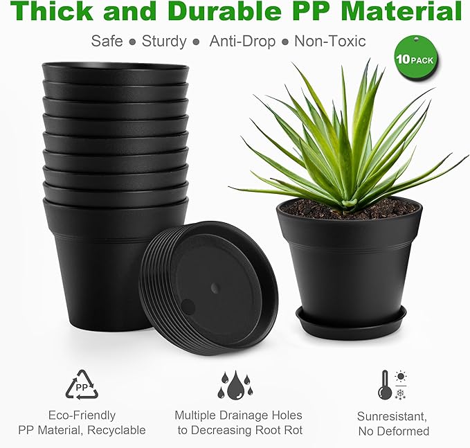 FHWTY 10 Pack Plastic Plant Pots with Drainage Holes and Tray, 5 inch Thickened Indoor Planters Seedlings Nursery Pots for Flowers, African Violet, Succulent and All House Plants, Black